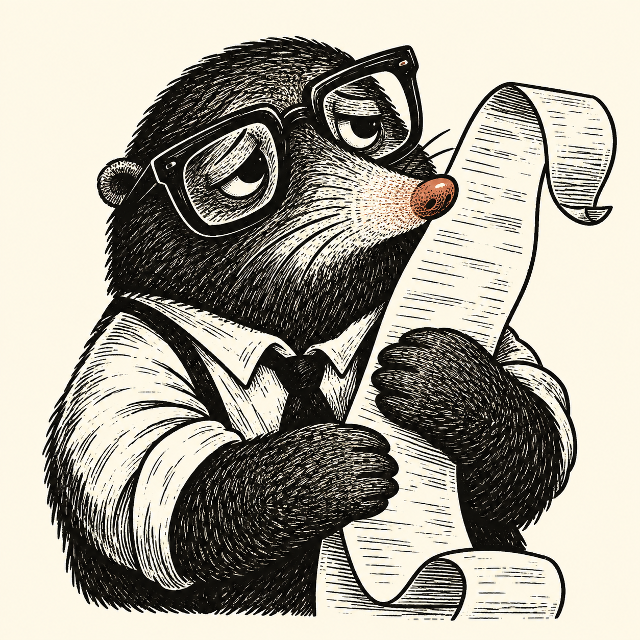 An office mole in oversized glasses hugs a long receipt